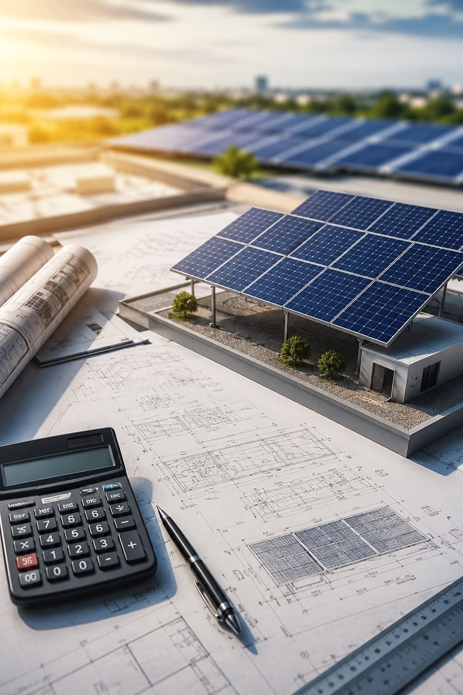 Maqueta de edificio con paneles solares sobre planos de ingeniería, junto a una calculadora