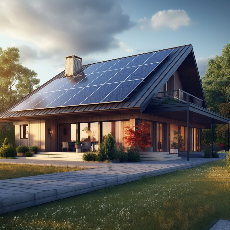Vivienda con paneles solares en el techo